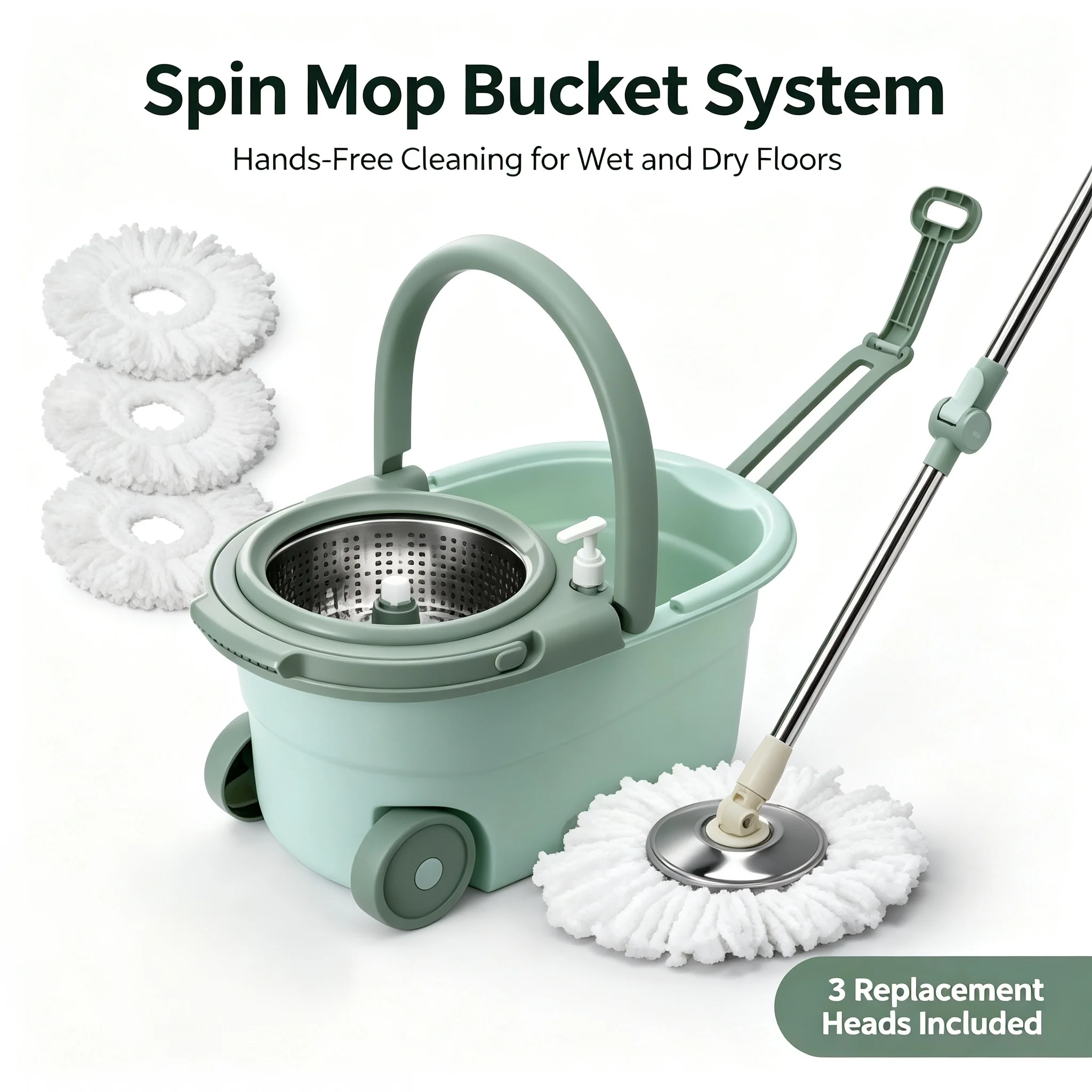 Spin Mop with Stainless Steel Wringer, 360° Swivel Head, 3 Microfiber Mop Refills for Floor Cleaning