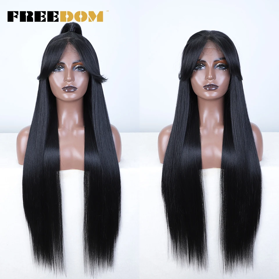 FREEDOM Synthetic Lace Front Wigs For Women 36 inches 13x4 Long Straight Updo Ombre Brown Red White Wig With Bangs Cosplay Wigs