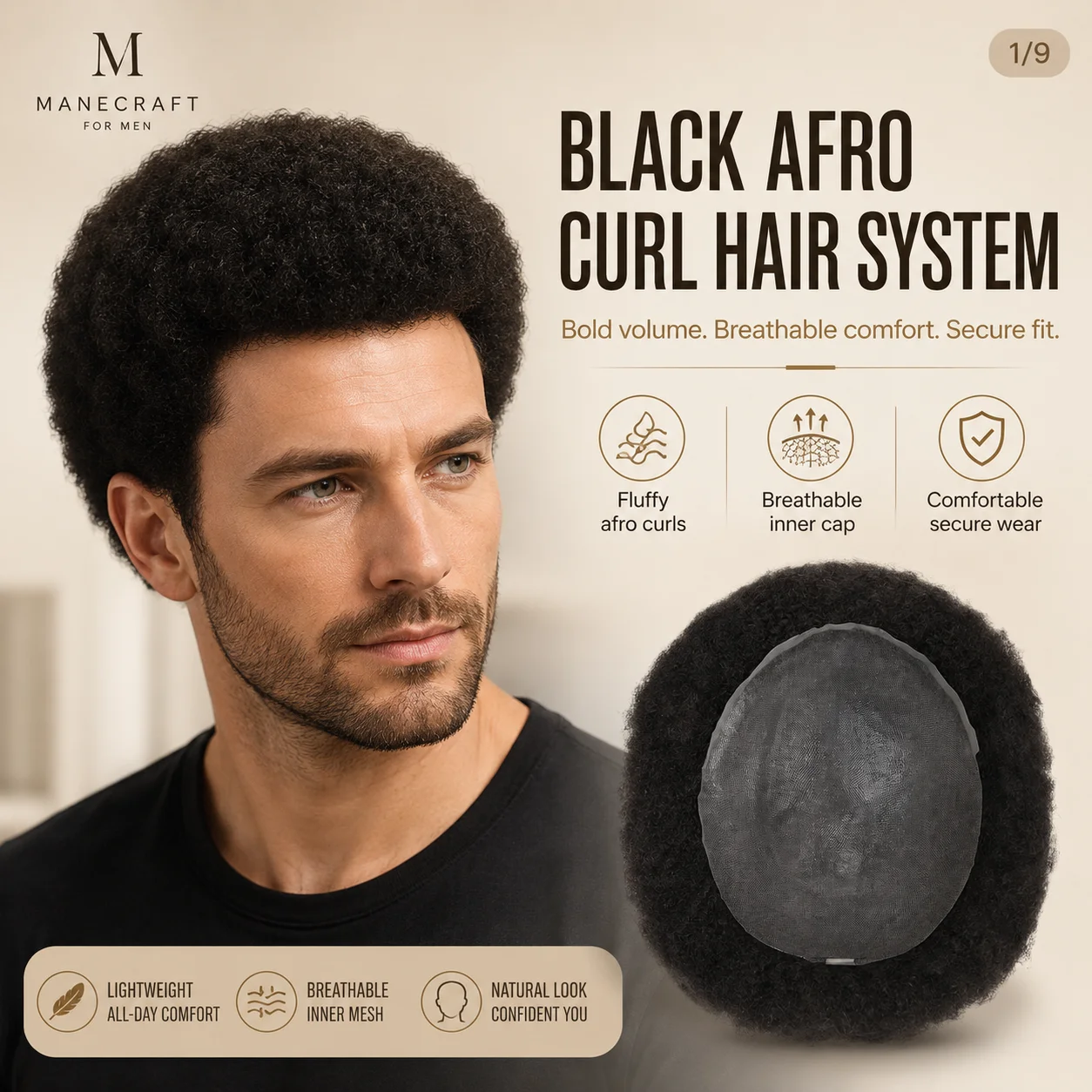 Black Afro Curly Hair System for Men Breathable Mesh Base Natural Black Fluff Toupee Hairpiece for Hair Loss Daily Stage Wear