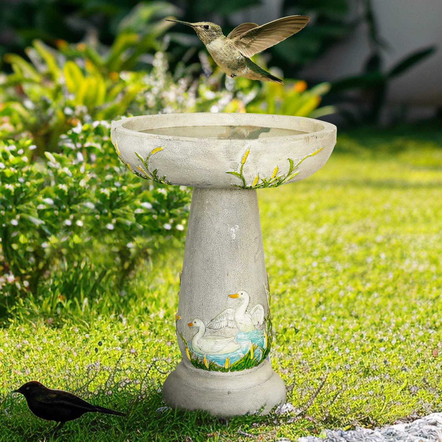 22.2 ''H Elegant Outdoor Bird Bath with Hand Painted Swan Pattern - Sturdy and Artistic Birdhouse for Garden Backyard Lawn Decor