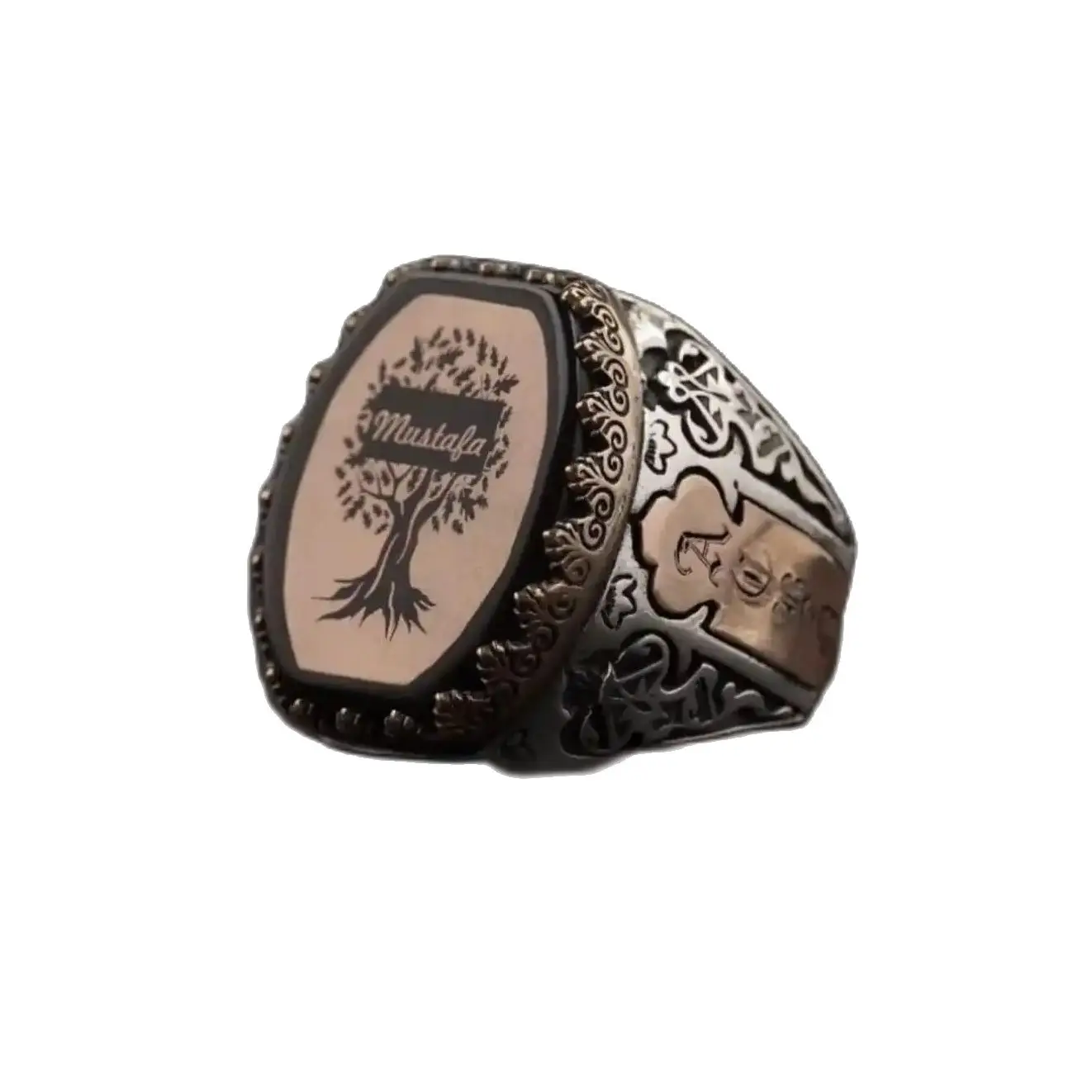 Tree of Life Sterling Silver Men's Ring, Engraved Patterned 925 Sterling Silver Case, Black Fire Amber Stone, Customizable Jewel