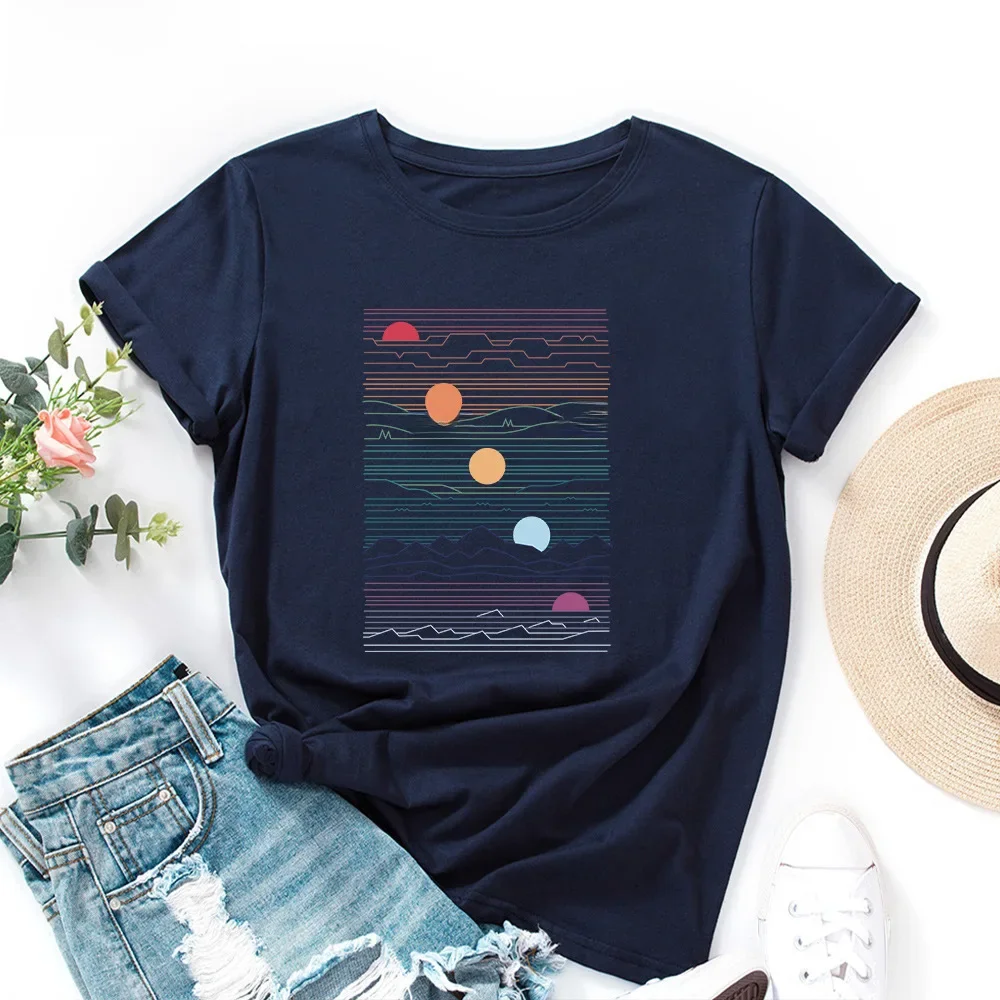Bluzki damskie z motywem wschodu słońca 2023 100% bawełniane letnie luźny T-Shirt bluzki damskie modne casualowe koszulki Kawaii Mujer — zdjęcie 2