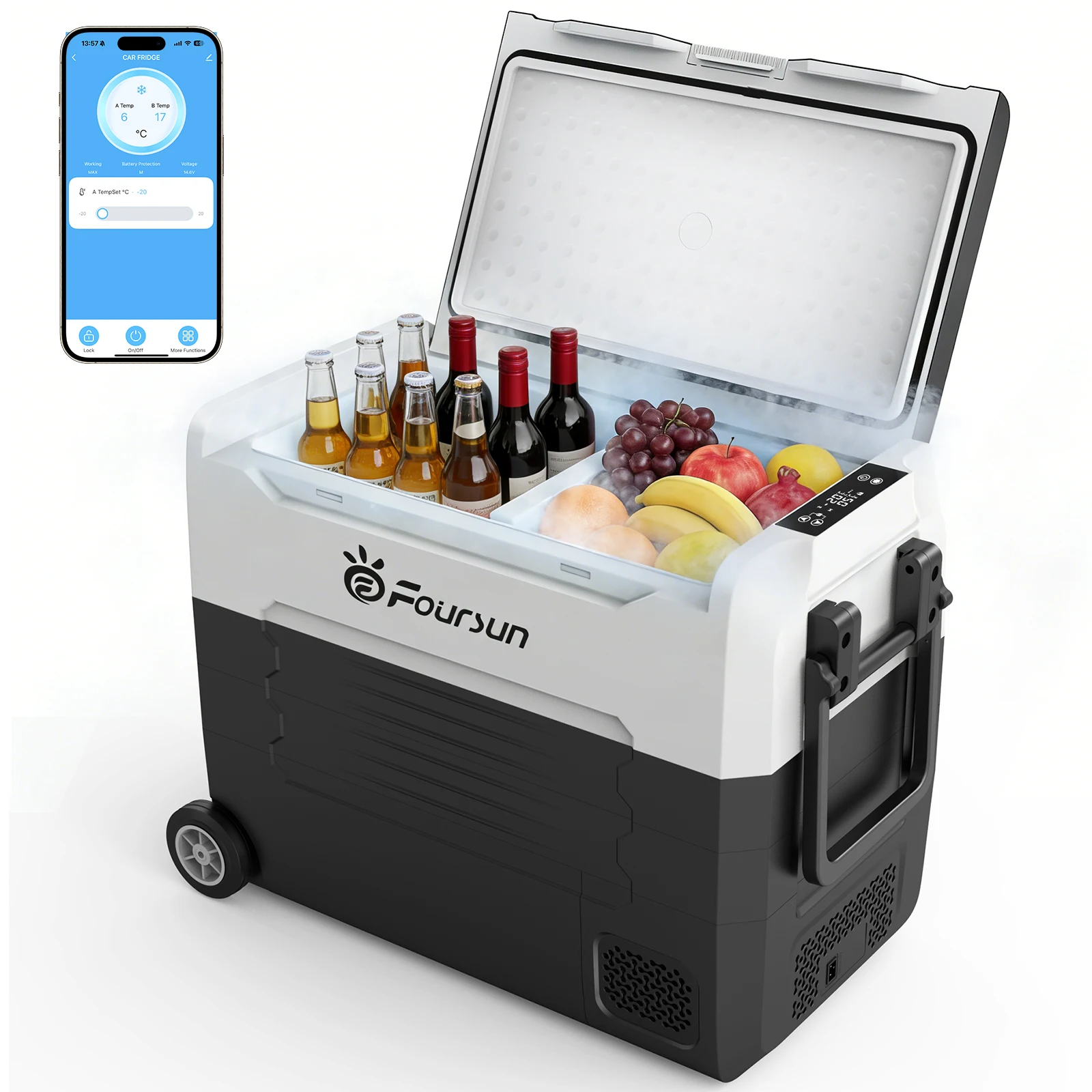 Foursun 35L/45L/55L Dual-Zone Auto-Kühlbox mit Bluetooth-App-Steuerung, tragbarer Kompressor-Kühler für Camping, Reisen, Zuhause