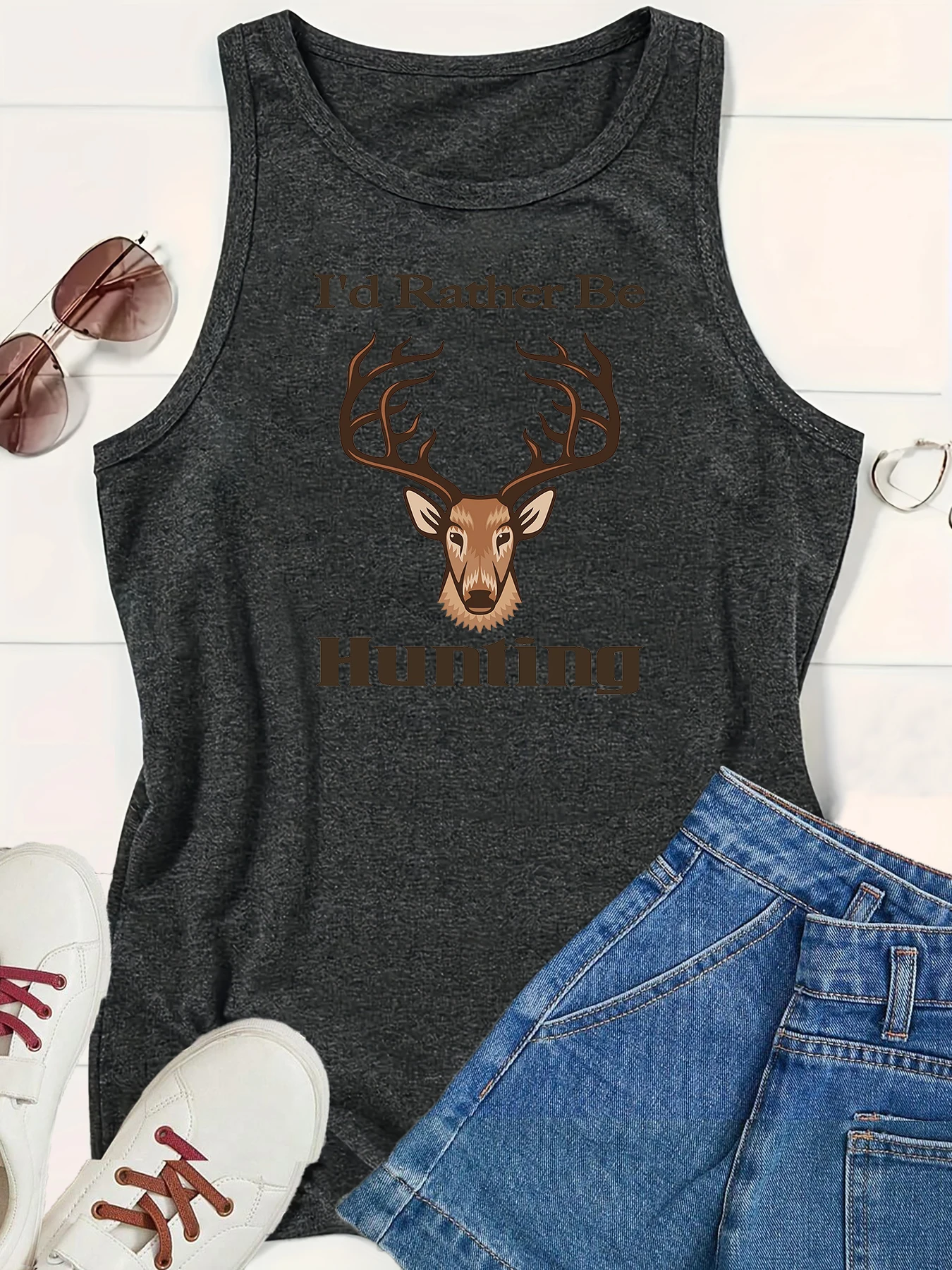 Printing Deer Hunting Women Versatile Crewneck Sleeveless Tanks Tops Sexy Loose Vest for Beach Tees Women's Tops Oversized S-37