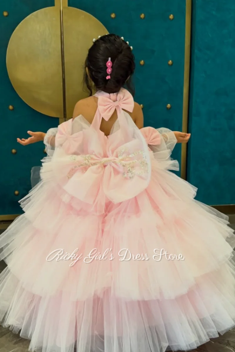 Halter Tulle Tiered Flower Girls Dress Princess Gown For Stage Performance Exquisite Sequined Kids Dresses For Children's Day