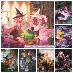Rose Witch Pink Cats Diamond Painting Full Drills Magical Botanical Flowers Wizards Girls Gift Mosaic Cross Stitch Room Decor