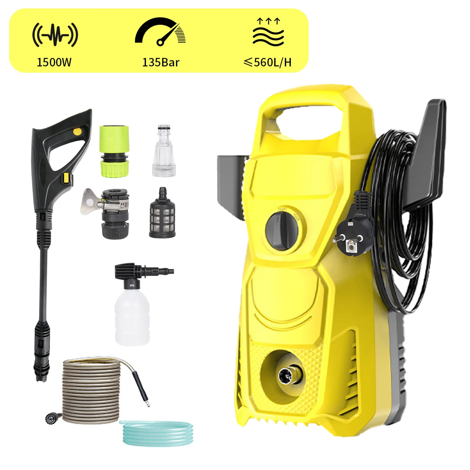Hidrolavadora Eléctrica Portátil de 1500W, 4 en 1 con Boquilla Ajustable, Manguera de 10M, 3 Fuentes de Agua, 135 Bares, para Coche y Jardín