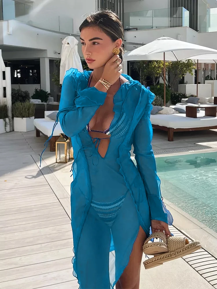 Alinemyer Long Sleeve Blue Maxi Dress Sexy Ruffle Bandage Summer Beach Dress for Women 2022 Autumn Mesh Slim Club Party Dresses