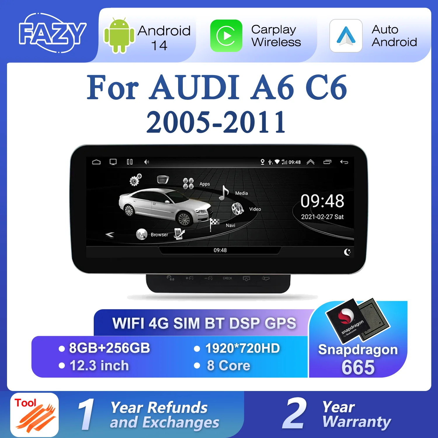 FAZY 12.3 Inch Android 14 System Auto Radio Screen Player For Audi A6 C6 4F 2005-2011 GPS Multimedia Stereo 8+256GB RAM 4G WIFI