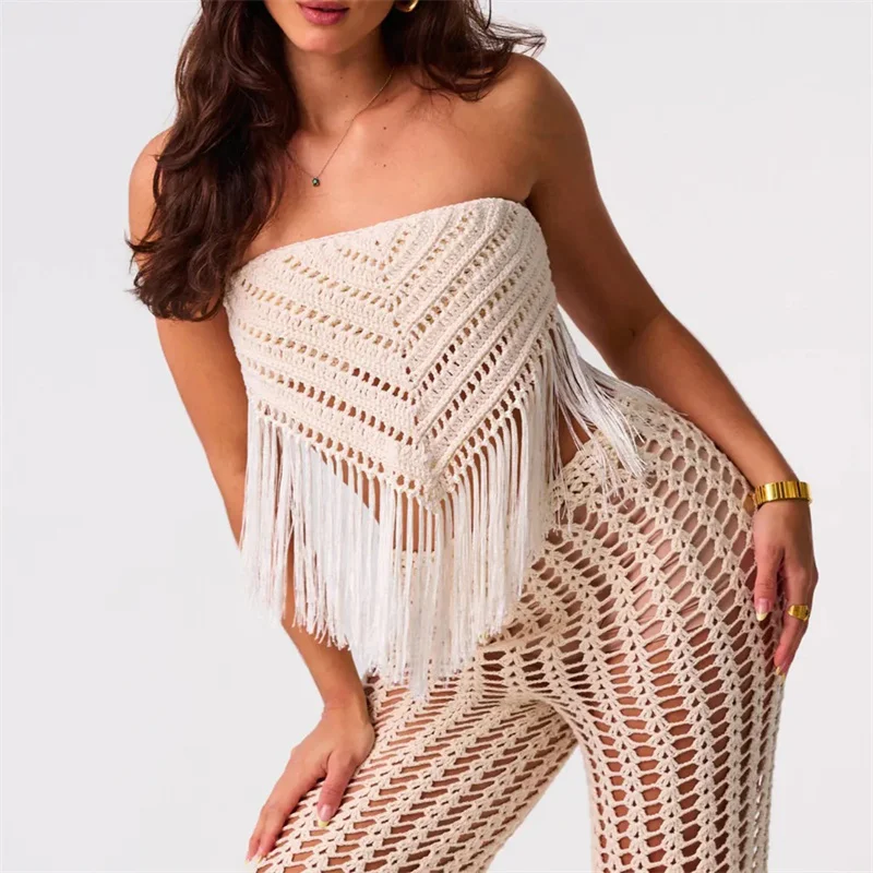 

Women's Sexy Off Shoulder Tassel Knitted Bikini Top Vest Camis Crochet Swimsuit Beach Cover-Up Female Swimwear Sunscreen Cape