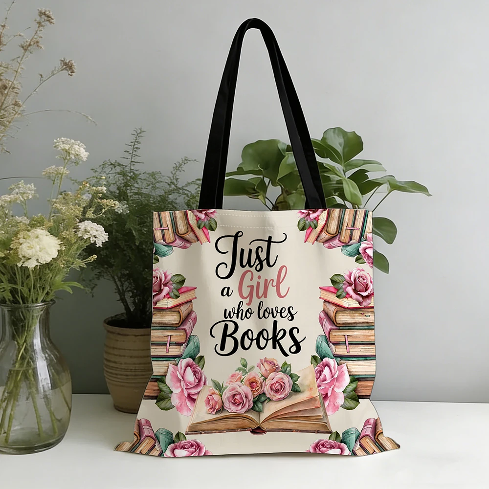 1 sac fourre-tout pour fille passionnée de livres, avec un motif amusant en aquarelle, des livres empilés et des roses roses, et beaucoup d'espace.
