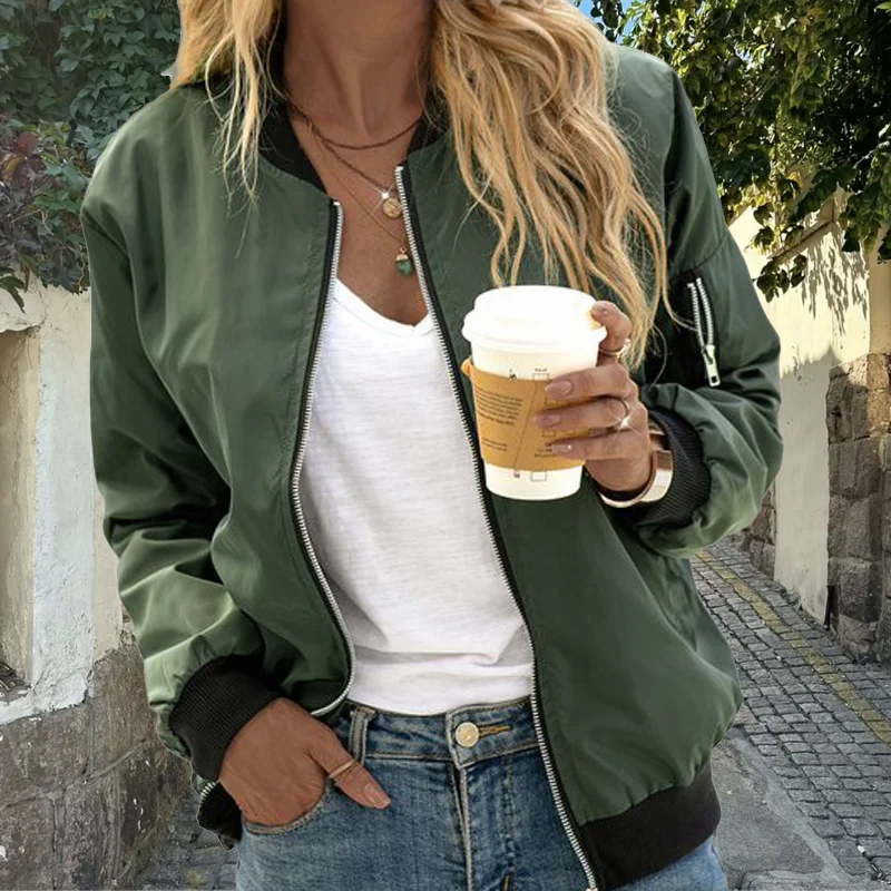 Women Solid Color Zipper Pocket Thin Bomber Jacket Long Sleeve O Neck Baseball Jackets Autumn Warm Ladies Black Basic Coats