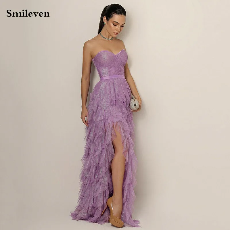 

Smileven Strapless Shiny Ruffles Tulle Prom Dress Side Split Tiered Sweetheart Neck Party Gowns Formal Evening Dress 2024