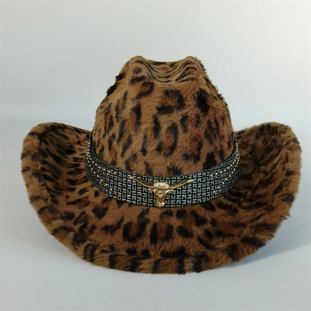 Stylish Leopard Print Cowboy Hat Cowboy Hat For Men women wide brim Faux Fur cowboy hat winter Sombrero Hombre sombrero vaquero