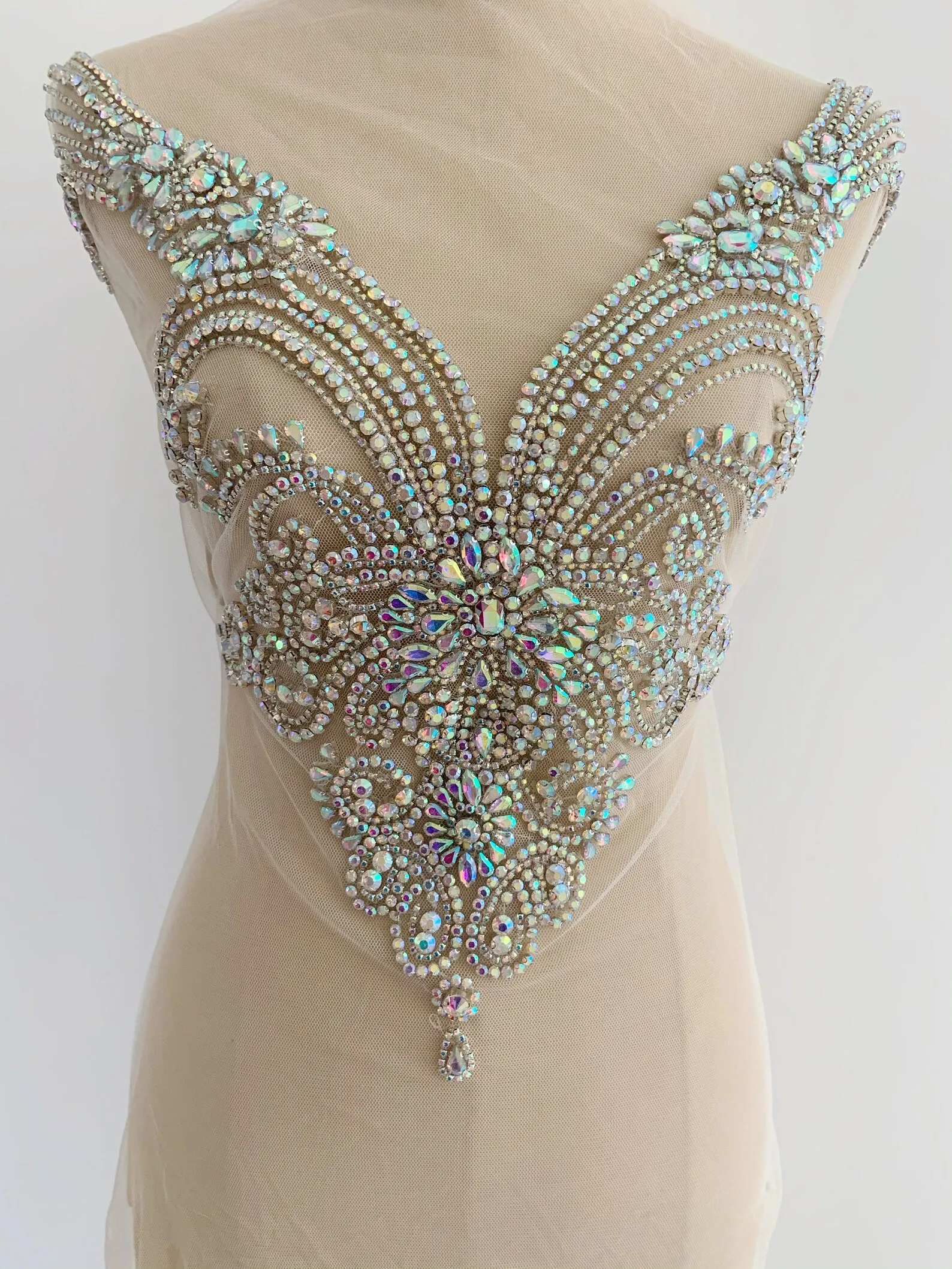 Iridescent Rhinestone Applique with Sweetheart Neckline For Corset Costume Haute Couture