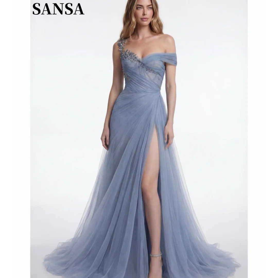 Sansa Customized Elegant Draped Blue Tulle Formal Gown Rhinestone Shoulder Detail High Split Floor Sweep Evening Party Dress