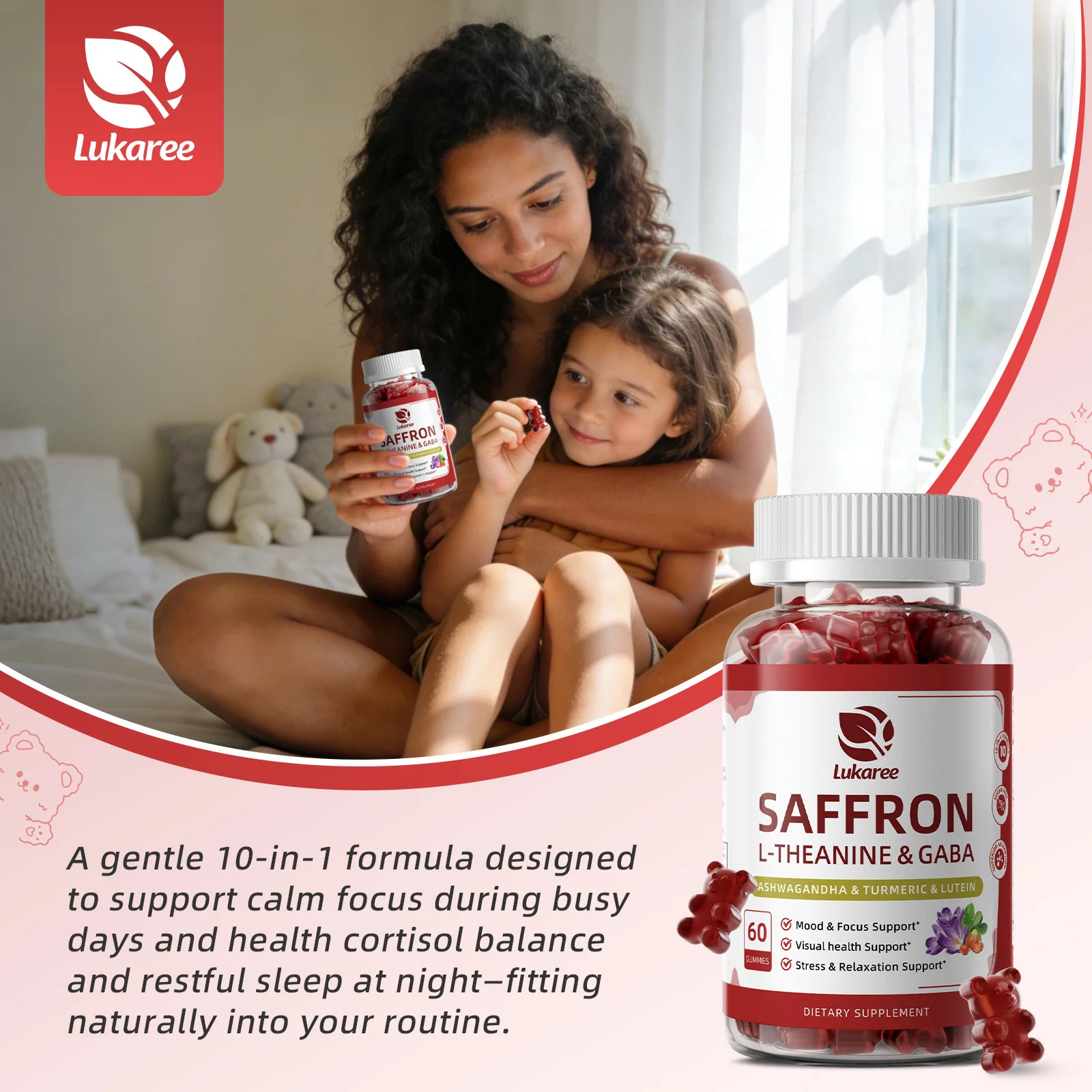 Lukaree Saffron Gummies with Ashwagandha Magnesium Turmeric Sugar-Free Mood & Focus Support Visual health Support Stress & Relaxation Support