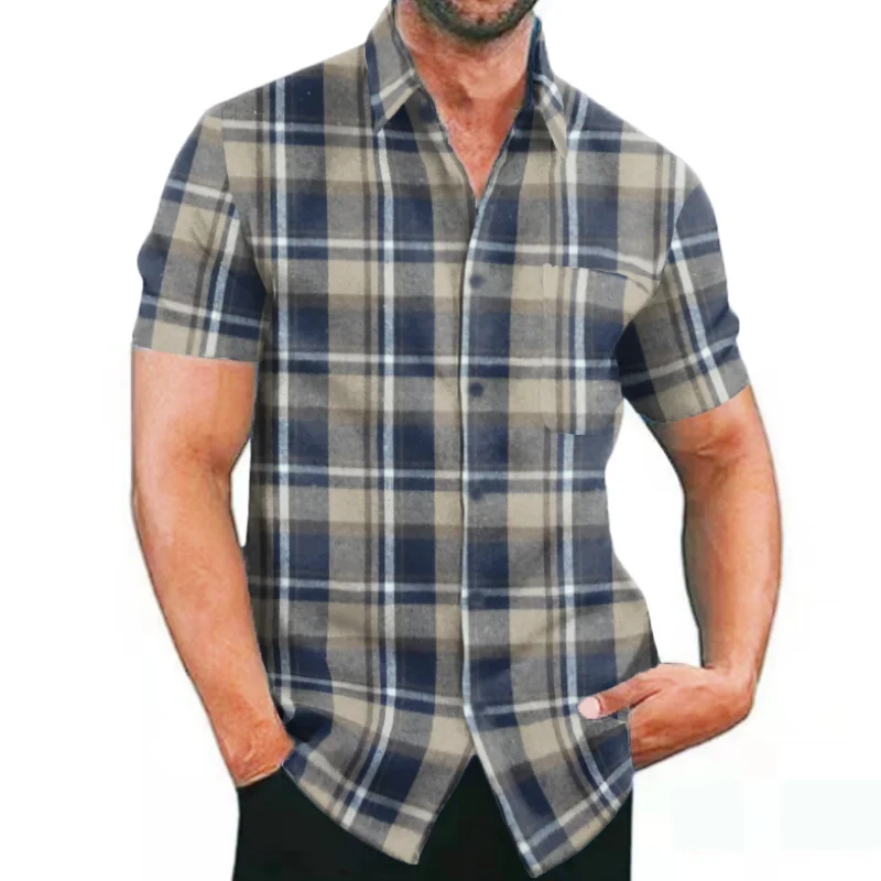 Men Shirt Casual Plaid Flannel Men\'s Clothing Short-Sleeved Chest Pocket Design Men\'s Striped Shirts Printed-Button S-3XL