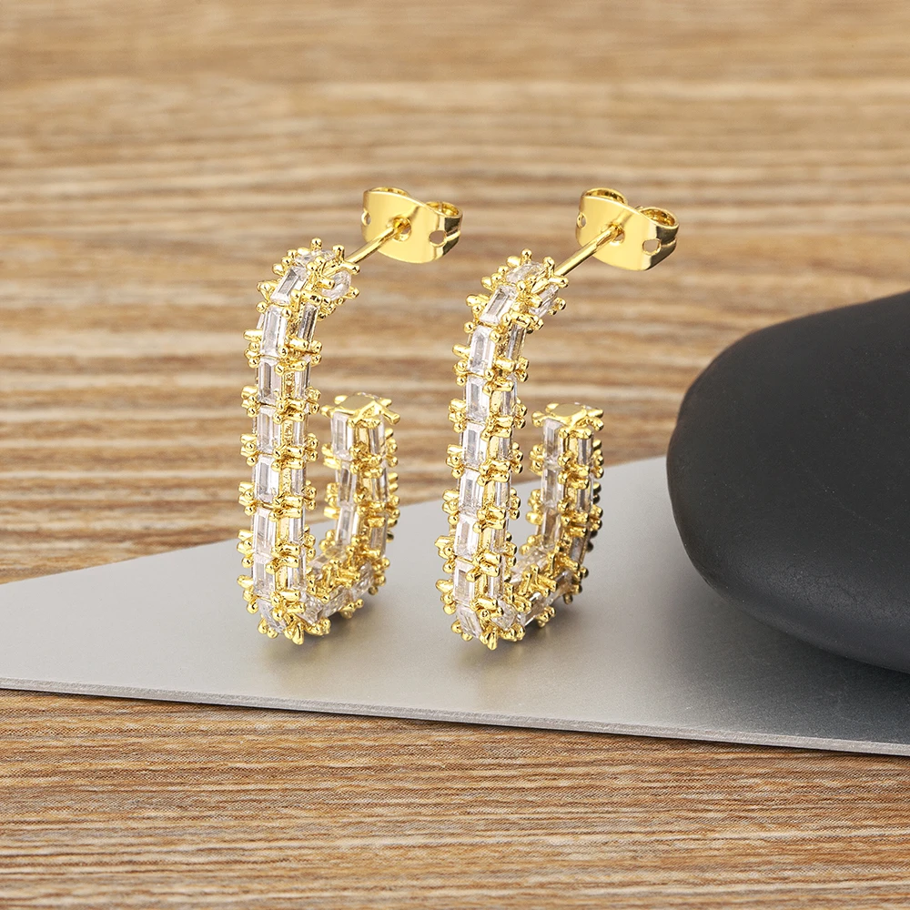 AIBEF Hawaii Style C-Shape Stud Earrings Colorful Rhinestone Women Copper Zircon Jewelry Luxury Gift Bohemian Vacation Ornament