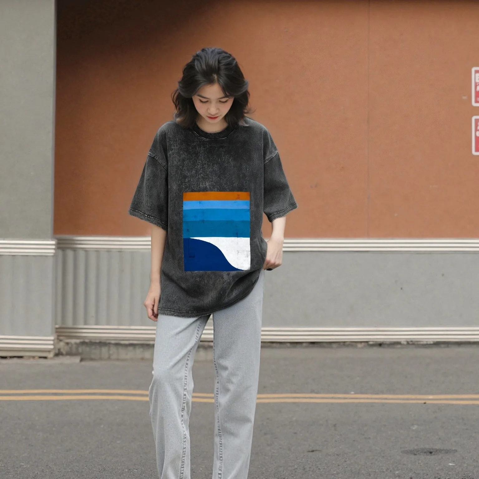 

Geometric Art Washed Tee Color Block Pattern Casual Loose Short Sleeved Artistic Relaxing Creative Stylish Comfortable Top