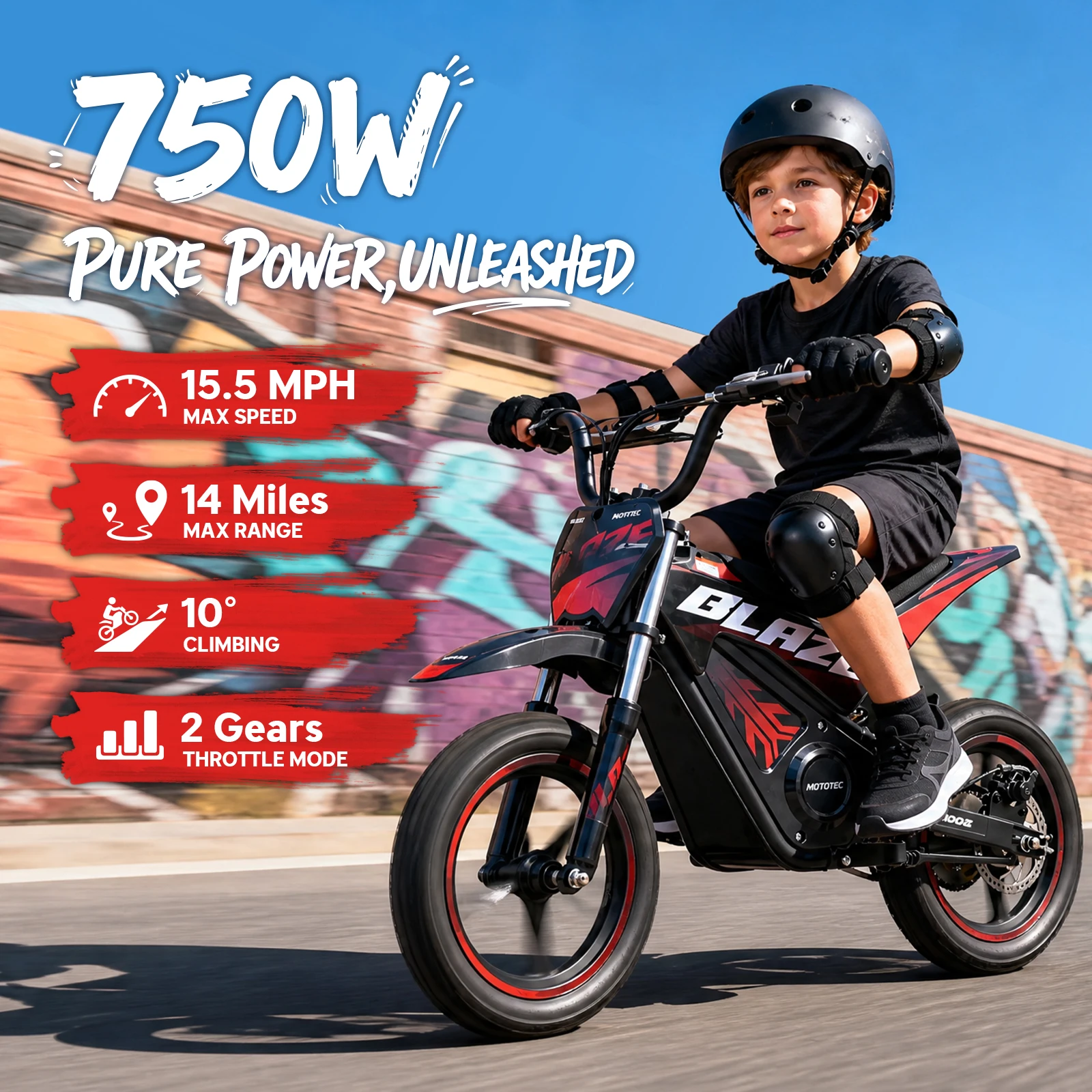 KOOZ HP01E Kids Electric Dirt Bike, 36V 750W Peak Power Motorcycle, For 4-8 Years , UL2272 & SGS Certified, Max 15.5MPH, 35-Min Ride Time on High Speed, Alloy Wheels with 14