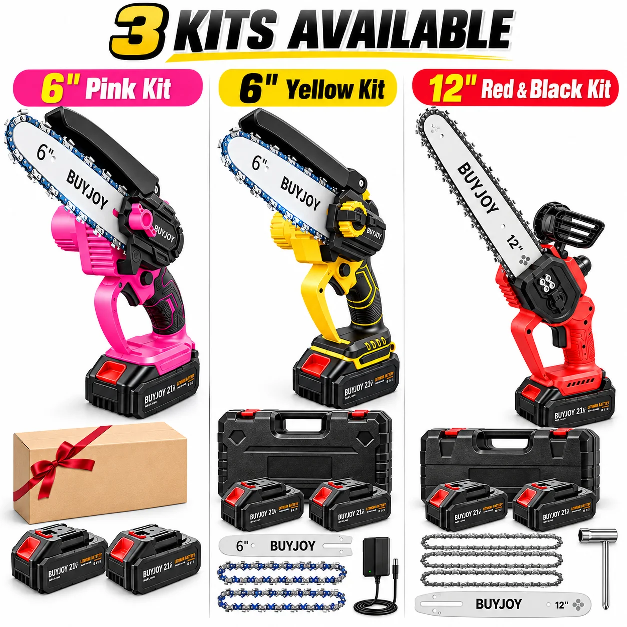 6/12 Inch Cordless Mini Chainsaw, Pink Yellow Red & Black Electric Chain Saw with 2 Batteries, Portable 21V Handheld Pruning Saw for Tree Branches, Garden, Yard & Wood Cutting