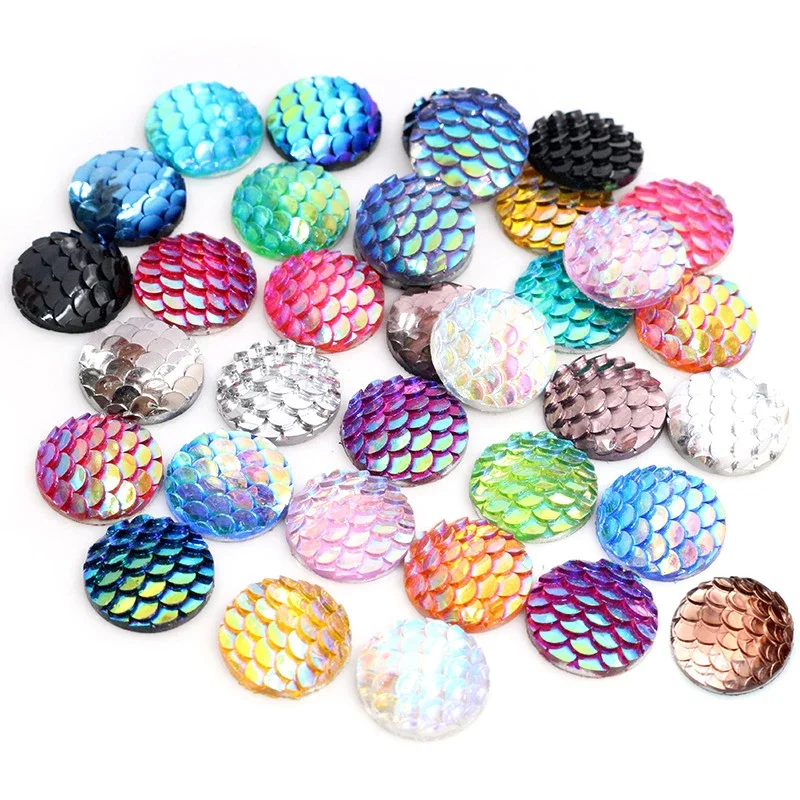 40 sztuk 8mm 10mm 12mm Mix kolory syrenka ryby skala mieszkanie powrót Rhinestone okrągły Cabochon zdobienie Scrapbooking DIY rzemiosło — zdjęcie 2