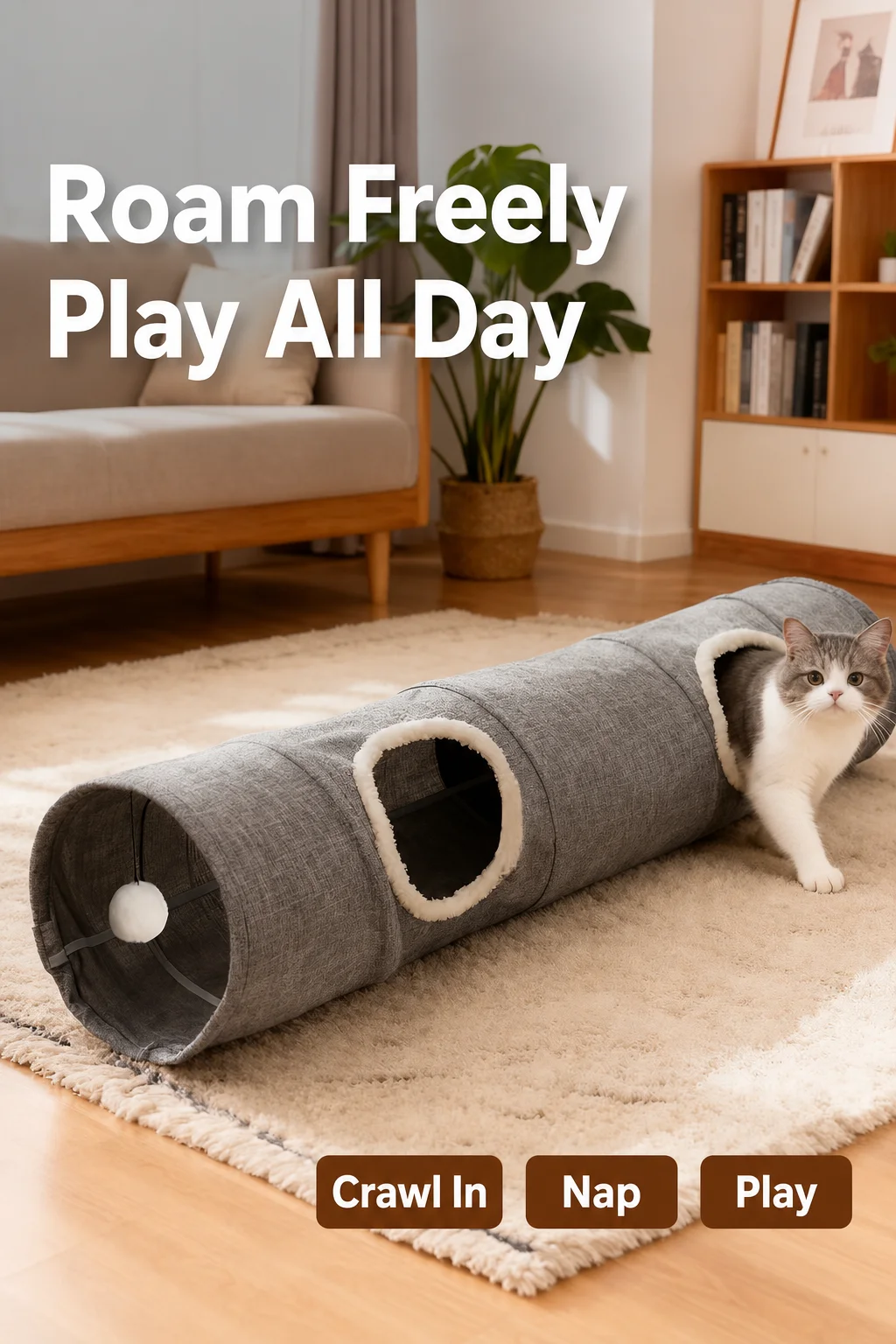 Kratzfestes Katzentunnel-Spielzeug für Hauskatzen, Extra Langer 125CM Faltbarer Versteck- und Suchetunnel mit Plüschbesatz, Stahlrahmen & DIY-Verbindungsdesign