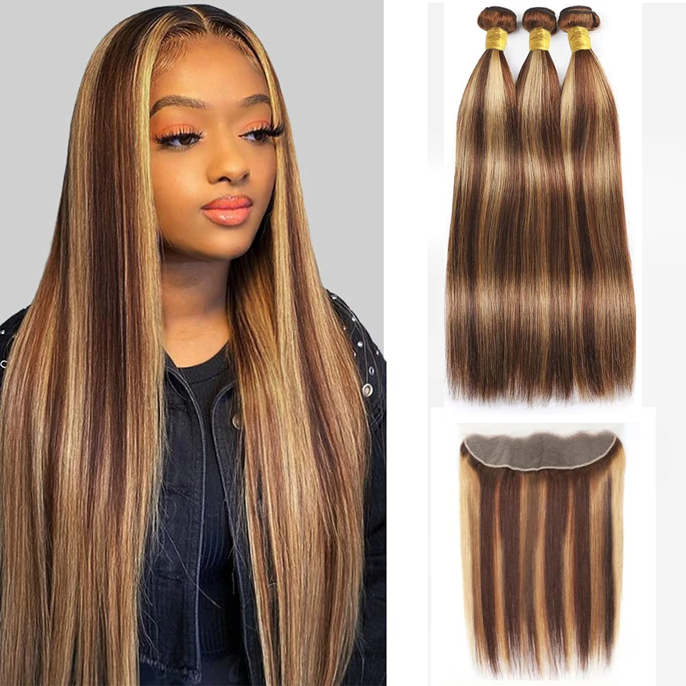 Bundles With Closure Brazilian Straight Hair 3 Bundles With 13x4 HD Closure Free Part Virgin Remy Hair P4-27 Highlight Bundles