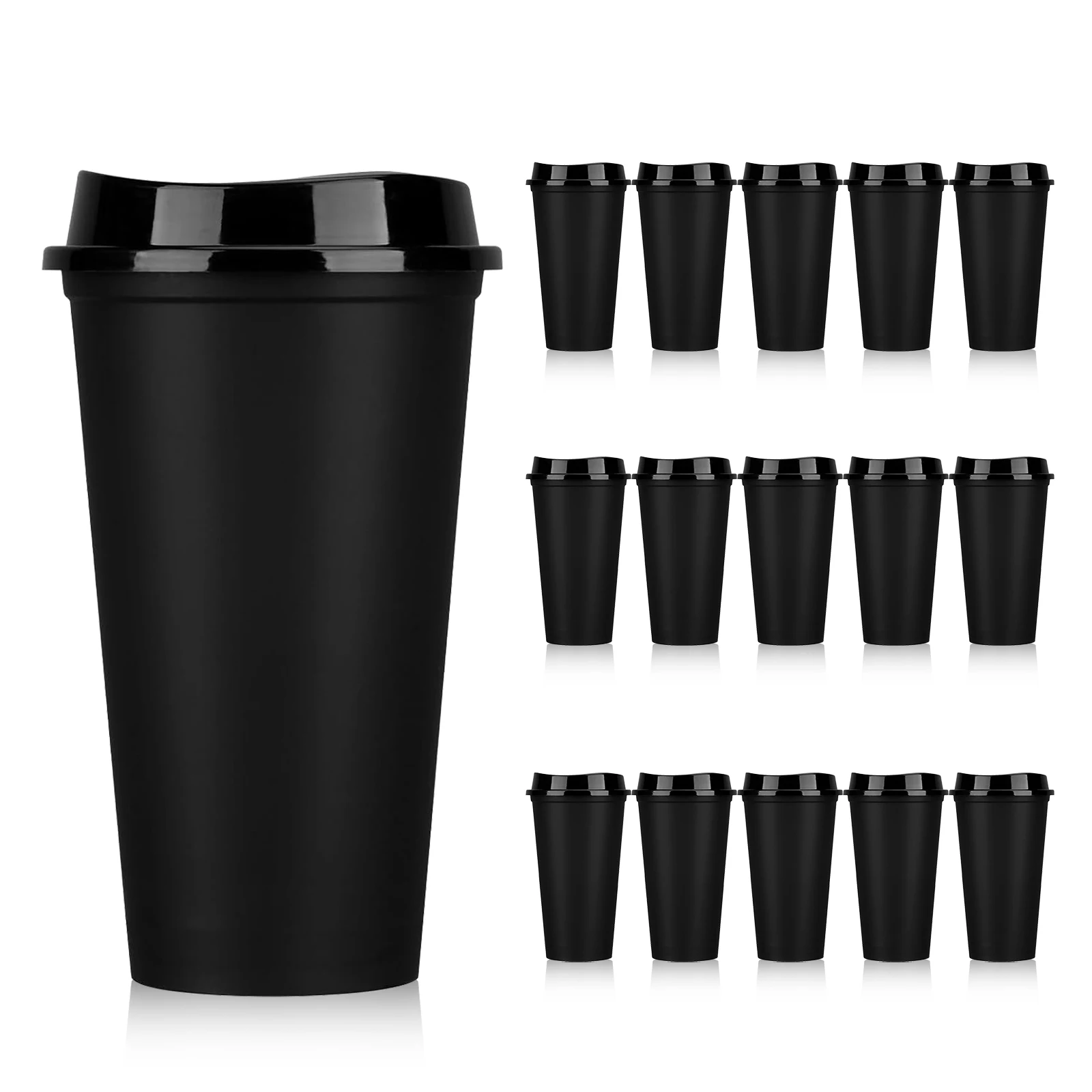 Pack of 15 Reusable Coffee Cups with Lids, 16 oz Plastic Tumblers for Hot & Cold Drinks, Spill-Proof, Microwave Safe