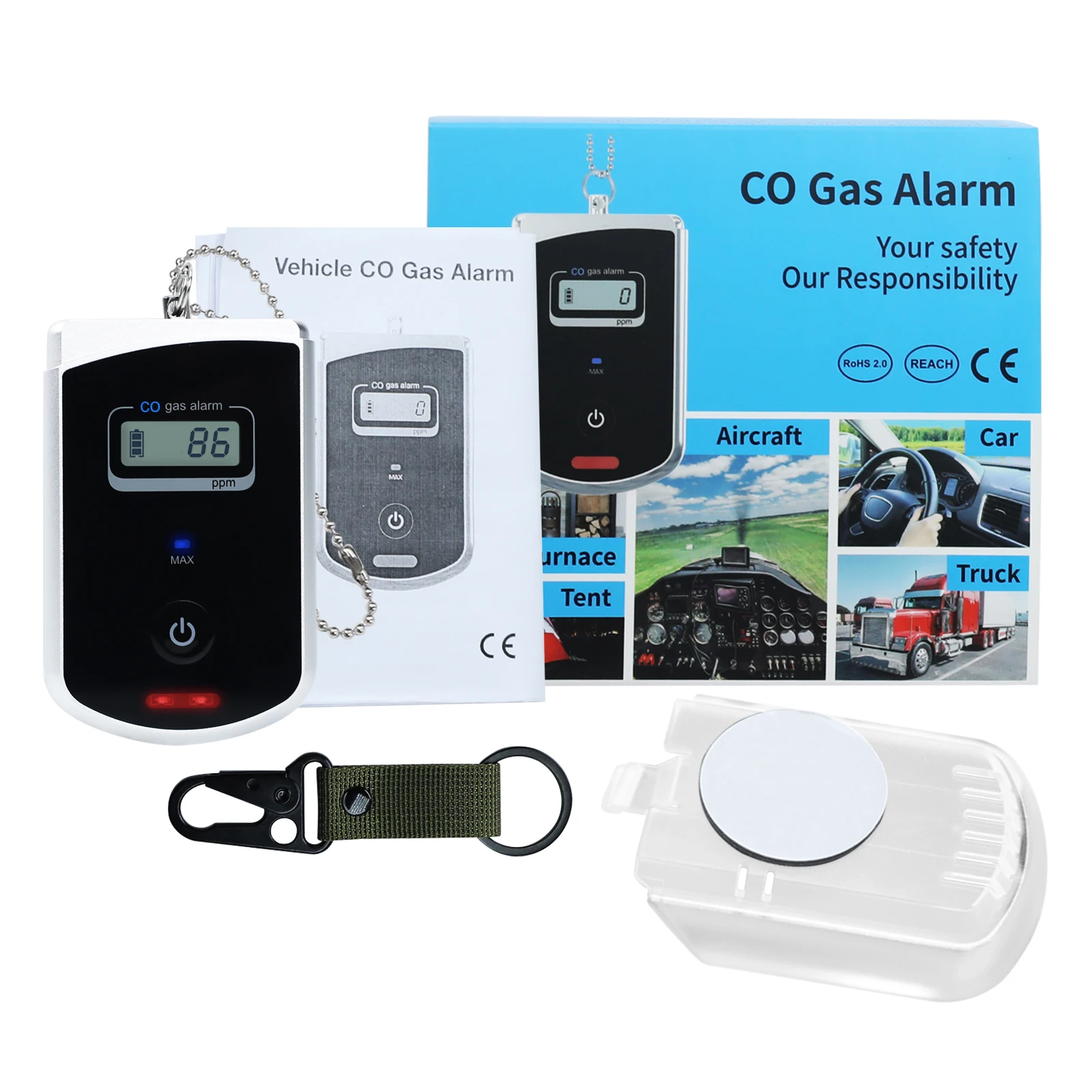 Car Tool CO Meter Vehicle Carbon Monoxide Tester Portable Air Quality Detector Audible Visual Alarm for Car, RV, Aircraft