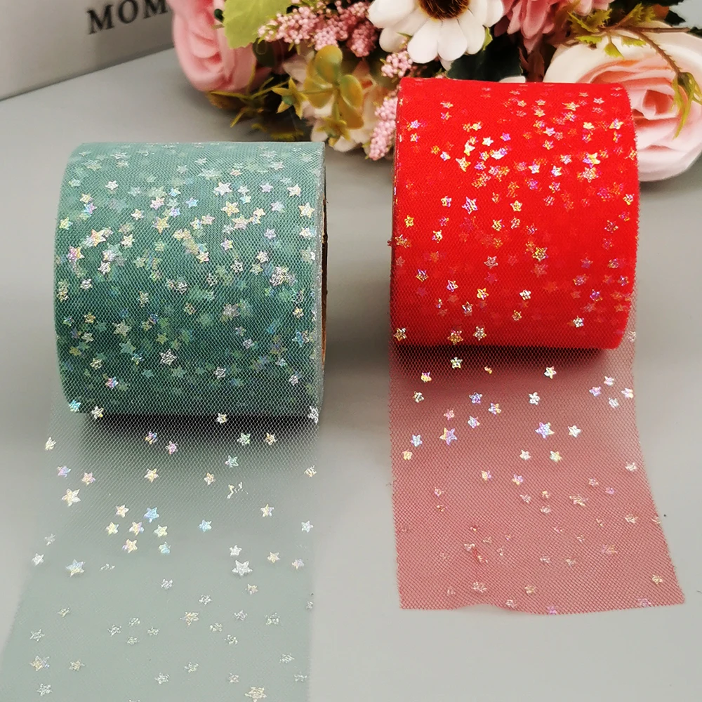 Starry Tulle Ribbon Illusory Star Mesh Film TapeDIY Handmade Hair Bow, Wedding Party Favor, Jewelry Box Trimming, 6cm, 25Yards