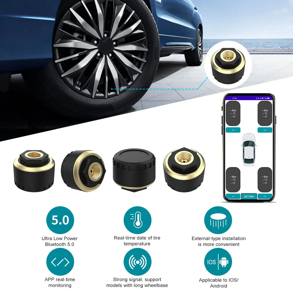 

Bluetooth 5.0 TPMS Sensor Tire Pressure Monitor System Waterproof 4 External Sensor Work Android/iOS Mobile Phone APP Display