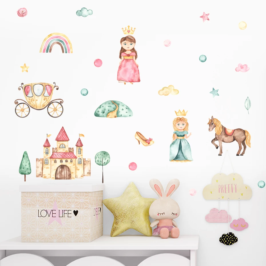 Cartoon Cute Princesses Castle Carriage Pink Watercolor Vinyl Nursery Wall Decals Print Kids Girls Room Interior Home Decor