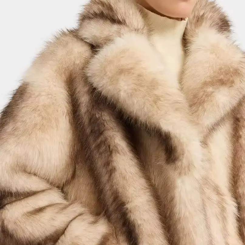 Women Ombre Faux Fur Wide Notched Lapel Cropped Jacket, Long Sleeve Side Pockets, Winter Warm Vintage Street Commuter Outerwear