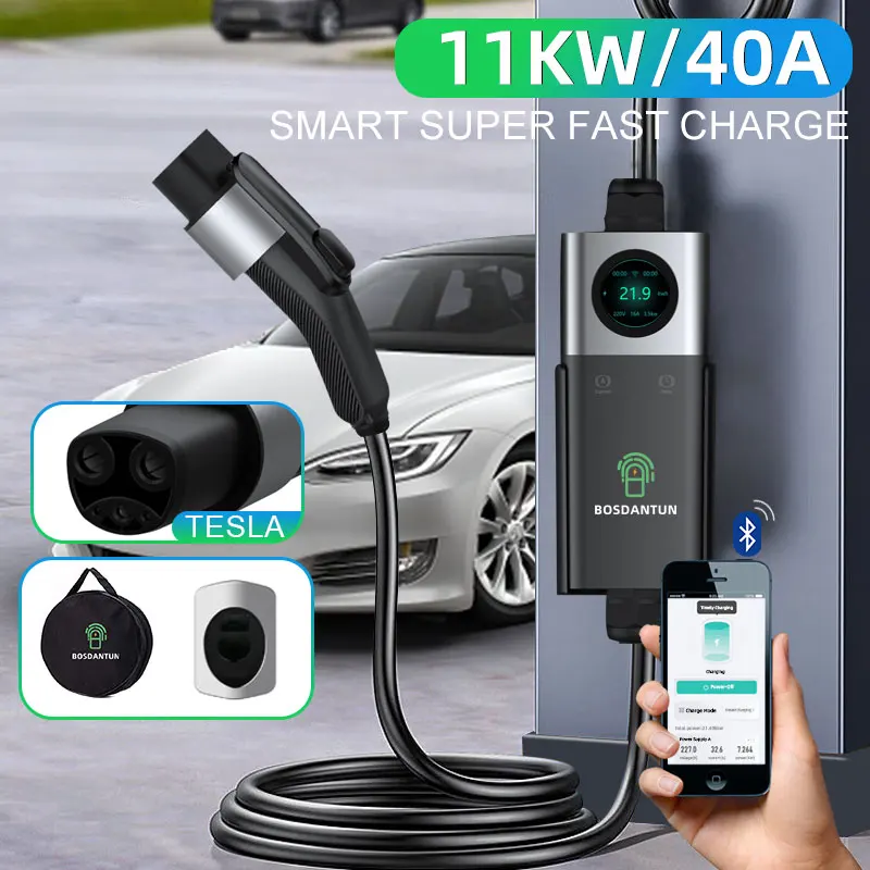 BOSDANTUN home tesla ev charger 7kw/11kw for model 3 X Y J1772 type1 Portable ev charger 23ft cable app