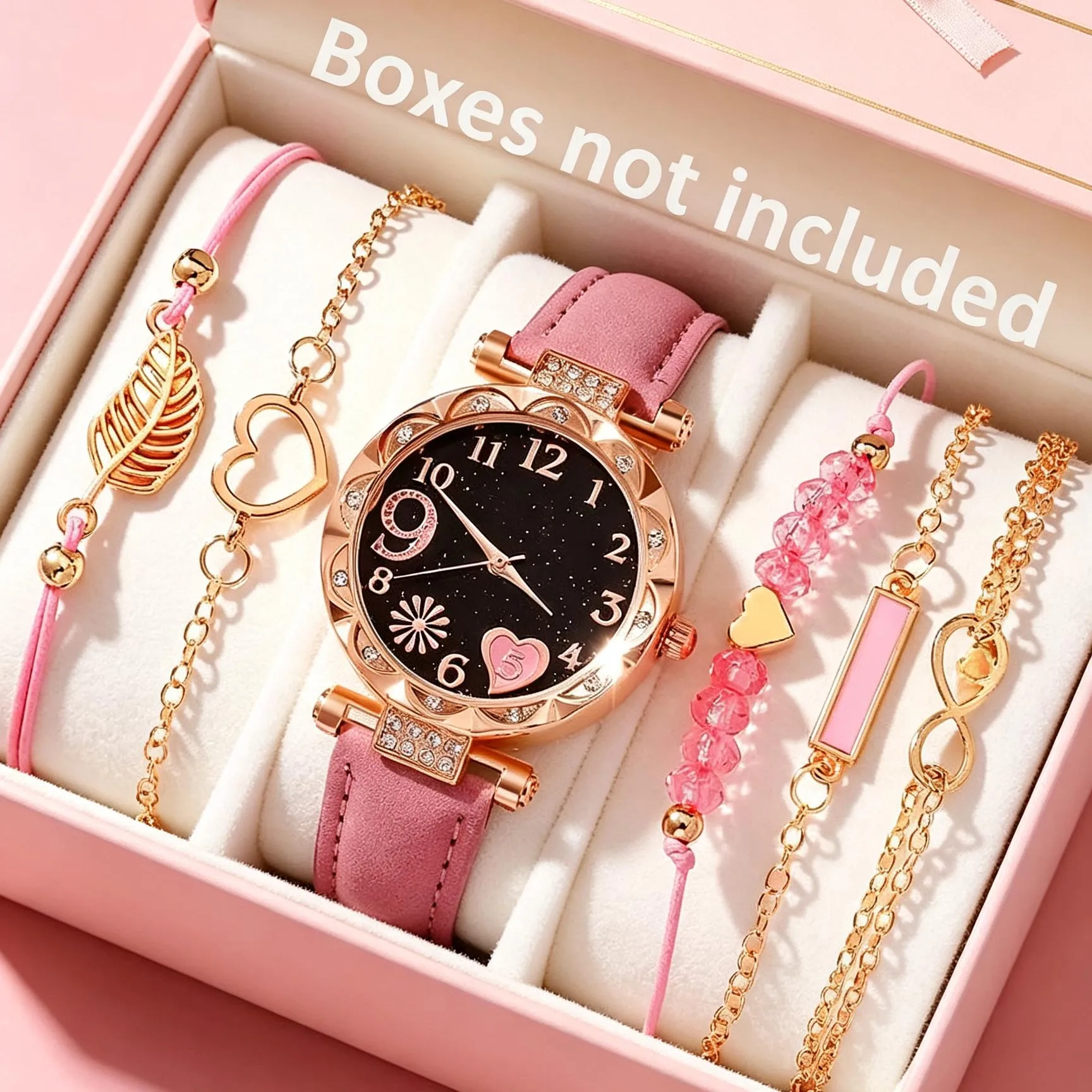 1 Piece of Heart-Shaped Digital Rhinestone Quartz Watch for Girls, Cute Casual Wristwatch and 5 Pieces of Pink Heart Feather Bracelets, Suitable for Holiday Gifts
