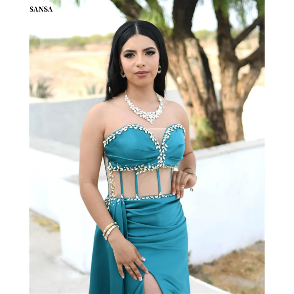 

Sansa Customized Peacock Blue Side Slit Rhinestones Prom Dress Illusion Corset Sexy Vestidos De Noche Sweep Train Formal Gown