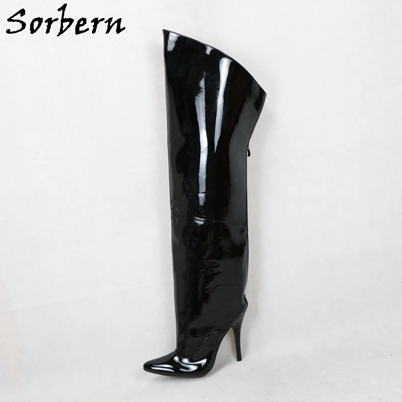 Sorbern 12cm czarne błyszczące buty damskie szerokie kostki szpiczasty nosek gruby wał Unisex bez pleców zamek bez Strechy niestandardowe z