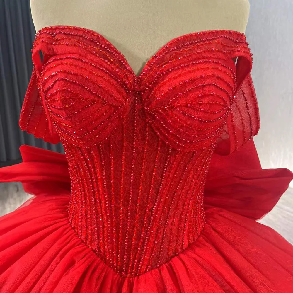 Vestidos Para 15 Quinceañera 2027 Luxury Off Shoulder Sweetheart Beading Bow Lace Up Back Red Long Evening Prom Dress