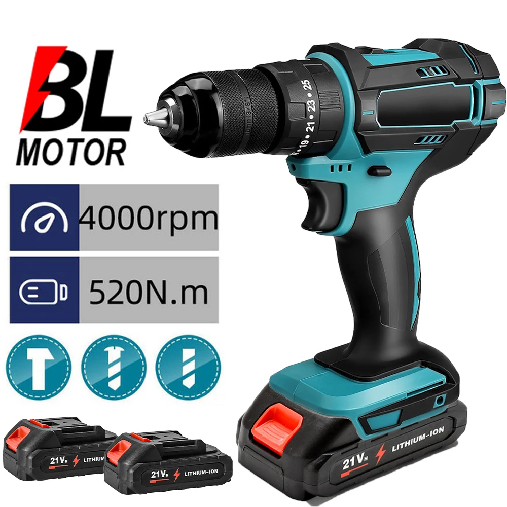 Taladro de impacto eléctrico 3 en 1 con torque de 520 N.M, mandril de 10 mm, taladro de percusión, 4000 rpm, destornillador eléctrico para