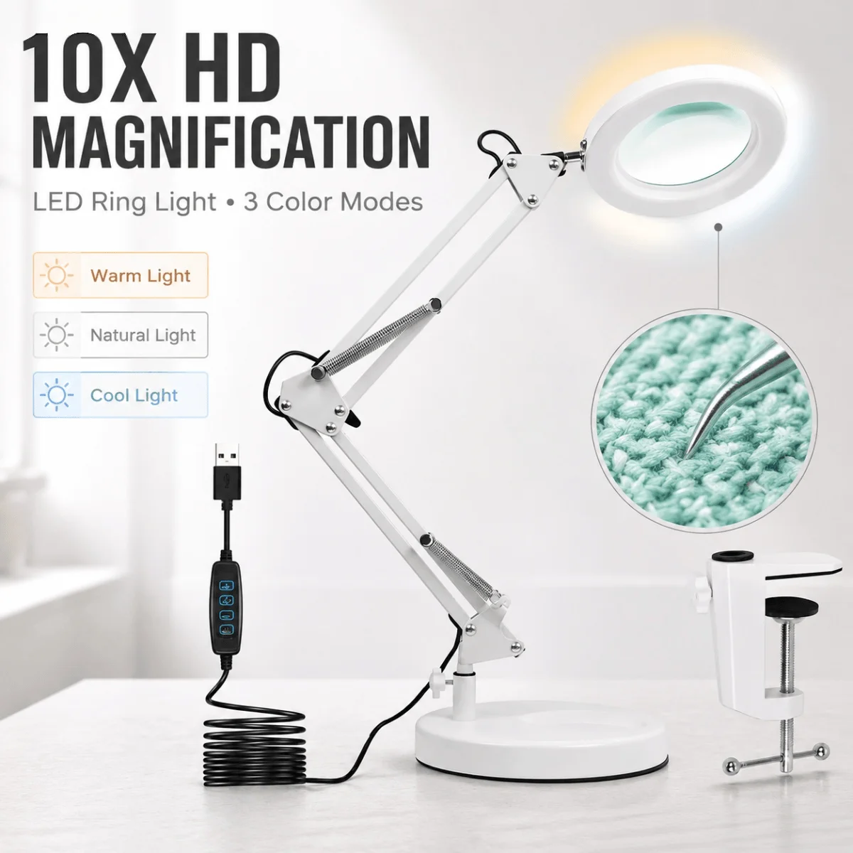 Lampada con lente d'ingrandimento 10X e luce, lampada da scrivania con 72 LED, 3 modalità di colore e regolazione continua della luminosità dal 10% al 100%, lente in vetro, lampada 2-in-1 con base e