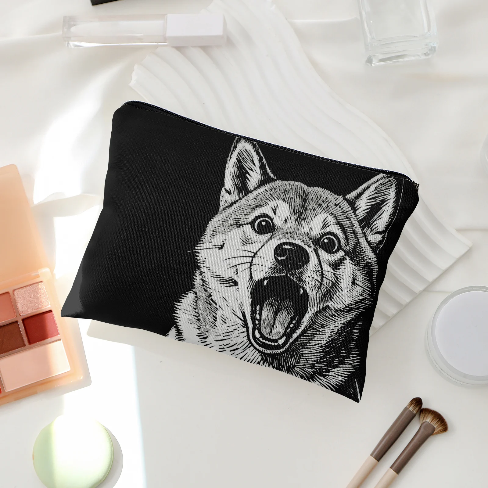 1Pc Cute Cartoon Shiba Inu, Black and White Retro Design Multifunctional Travel Makeup Bag, Snack Storage Bag, Stationery Storage Bag, Fashionable Toiletry Bag, Canvas Double-Sided Printed Zipper Pouch