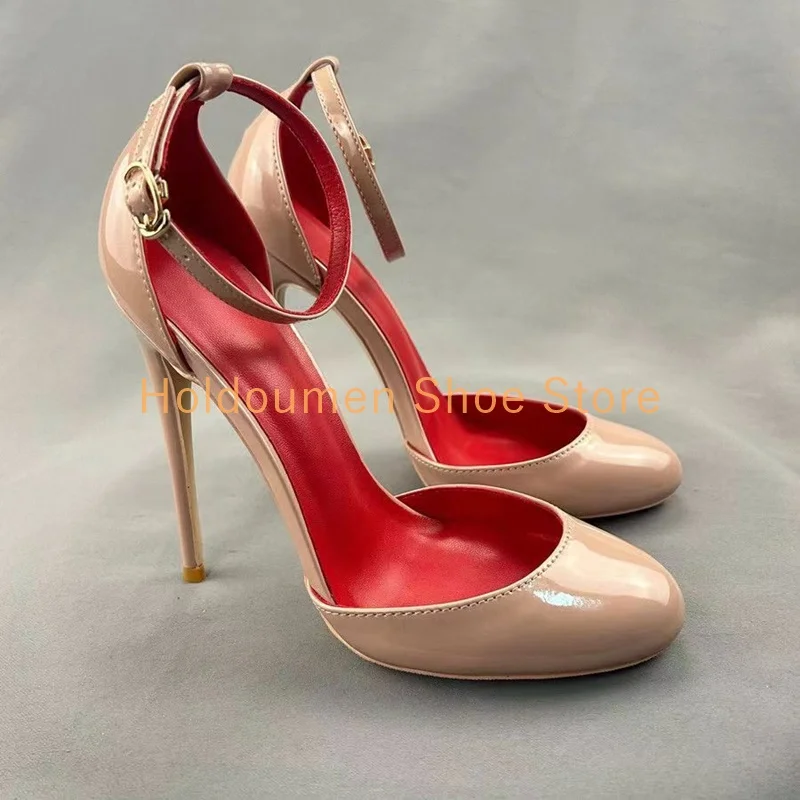 

Cute Wrapped Round Toe Shiny Patent Leather High-Heeled Sandals Sexy Side Cutout Ankle Strap Buckle Fashion Stiletto Sandals
