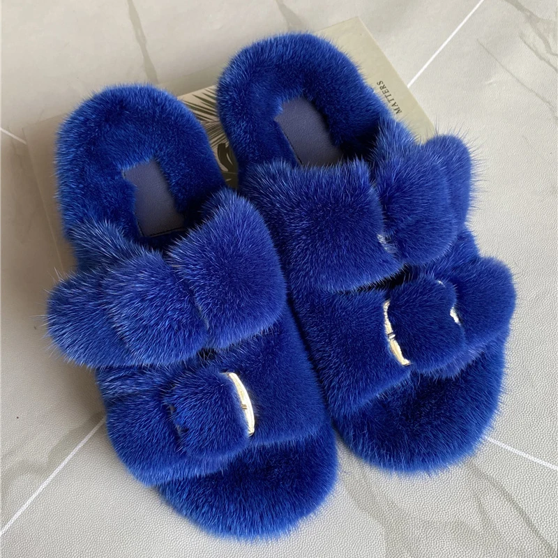 2024 Mink Fur Slippers Shoes For Women Flip Flops Real Fur Slippers For Home Women\'s Flats Slippers Women Fluffy Female Shoes