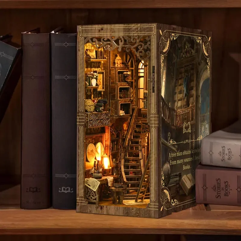 Zestaw Book Nook Domek dla lalek DIY Drewniane puzzle Półka na książki Wkładka Dekoracja Domek dla lalek Model Bookend Budynek Dekoracja domu Prezenty świąteczne — zdjęcie 2