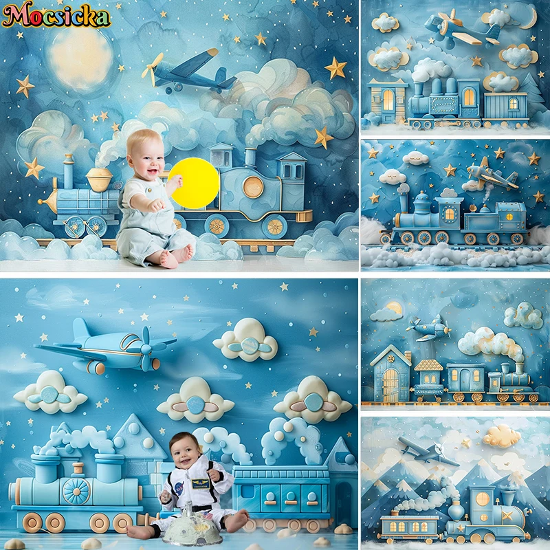 Mocsicka Photography Background Blue Fantasy Train Starry Sky Decor Cake Smash Birthday Kids Portrait Backdrop Photo Studio