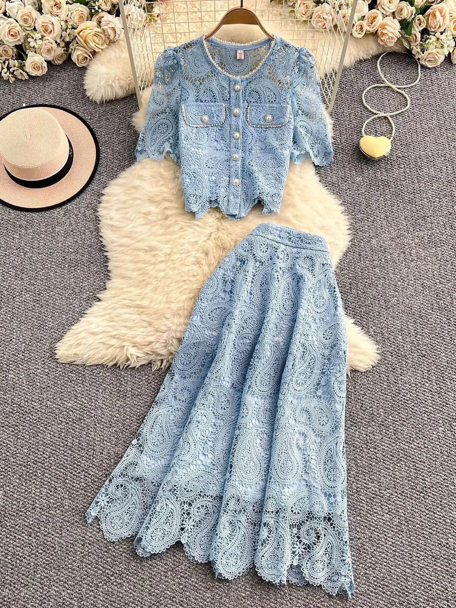 Robe longue élégante en perles pour femmes, ensemble 2 pièces, chemise en dentelle brodée de fleurs, manches courtes, jupe mi-longue trapèze, été