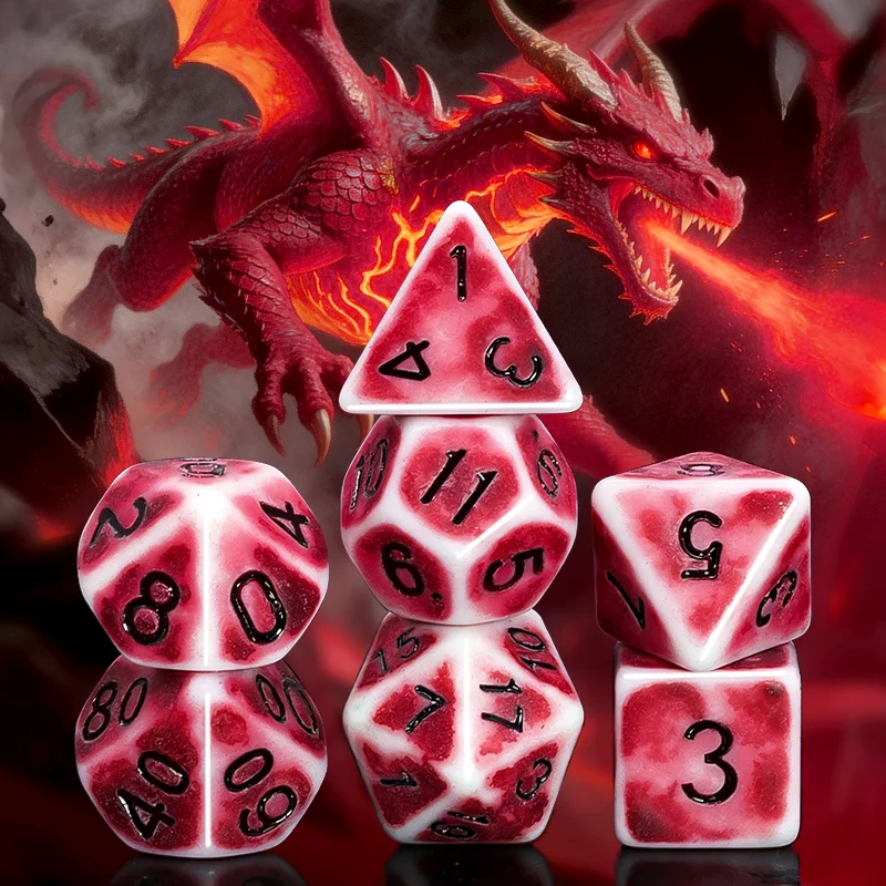 7Pcs Red‑Base White‑Edge Acrylic Polyhedral Dice Set for Dungeons & Dragons RPG Board Games, Family Gatherings, Ideal Gift