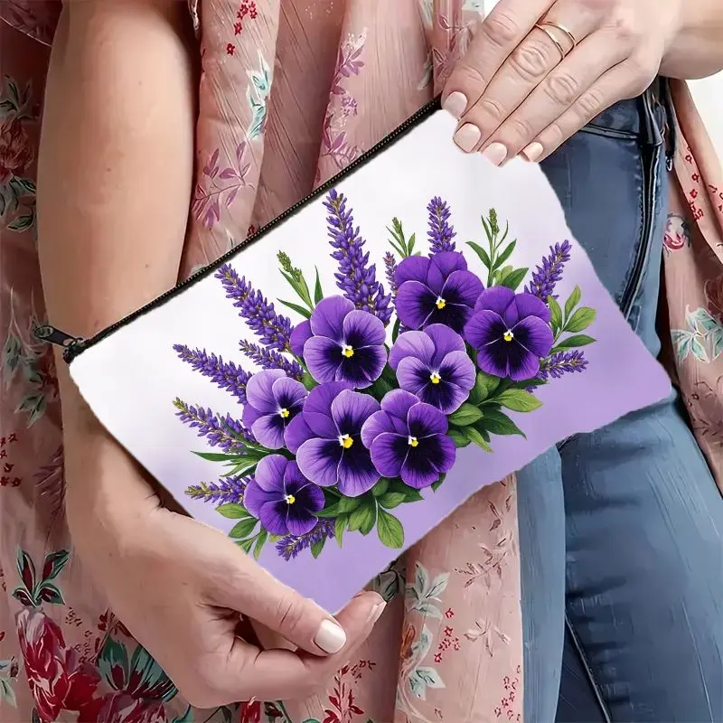 1Pc Exquisite Purple Daisy and Lavender Flower Retro Design Multifunctional Travel Makeup Bag, Snack Storage Bag, Stationery Storage Bag, Fashionable Toiletry Bag, Canvas Double-Sided Printed Zipper Pouch